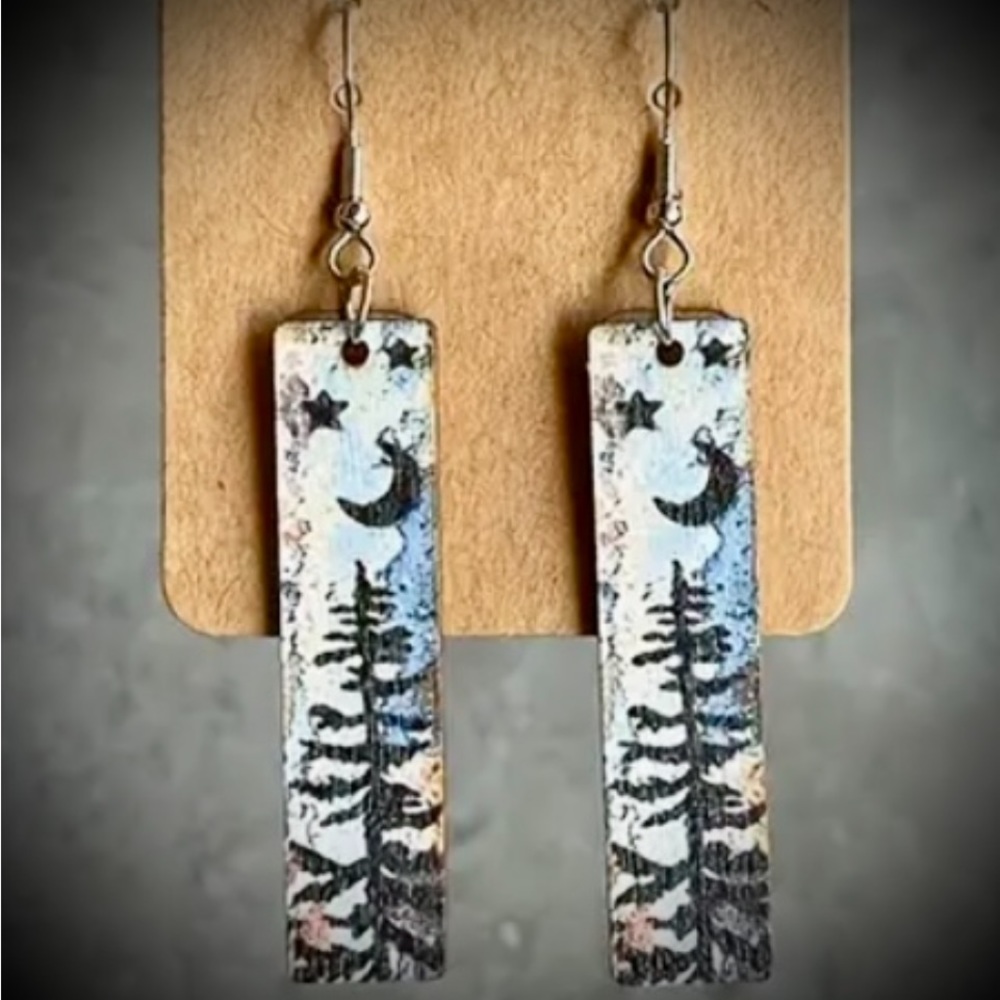 Moon & Tree Outdoor Woodsy Landscape Earrings *White